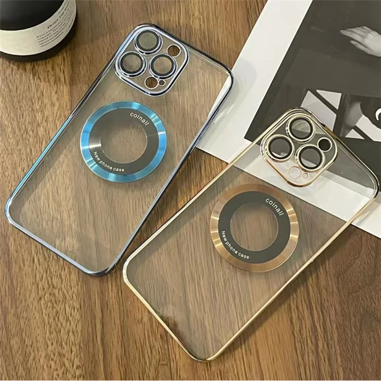 For iPhone 13 Pro Max Magnetic Logo View Phone Case PC+TPU Electroplating Clear Cover with Lens Film - Silver