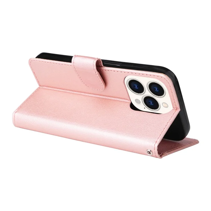 For iPhone 15 Pro PU Leather Wallet Cell Phone Stand Case Card Holder Shockproof Phone Cover - Rose Gold