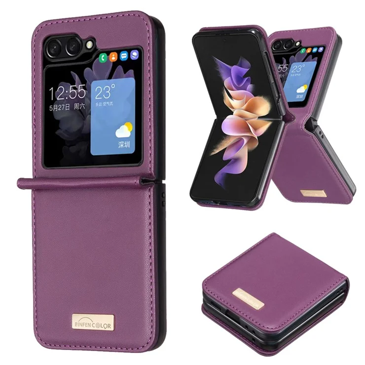 BINFEN COLOR For Samsung Galaxy Z Flip5 5G PU Leather+PC Phone Case Ultra Slim Shockproof Protective Cover - Dark Purple