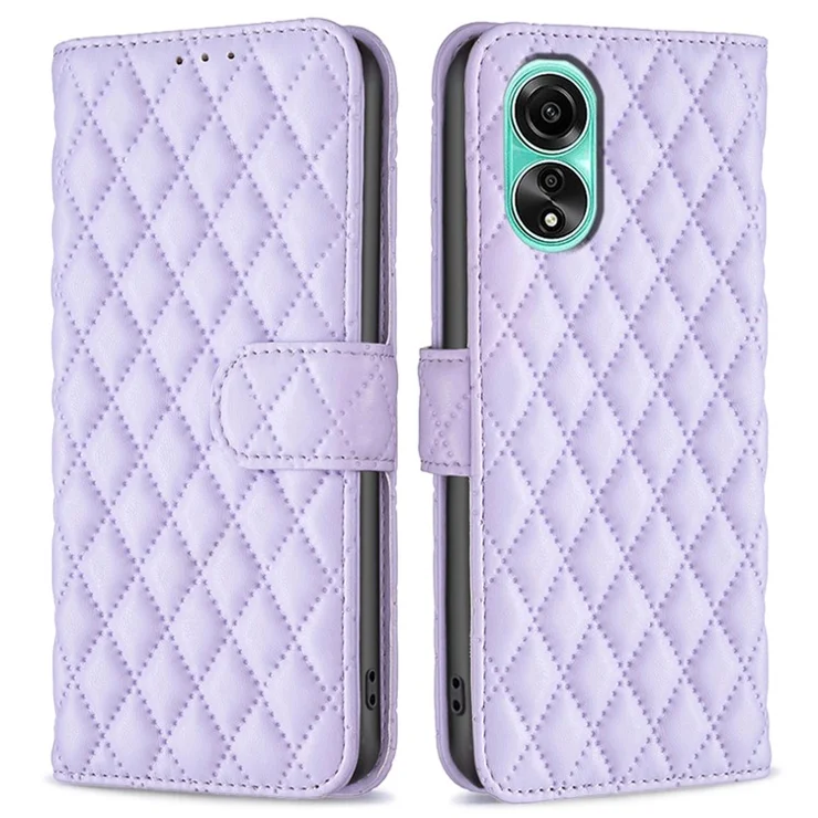 BINFEN COLOR BF Style-14 for Oppo A78 4G Leather Grid Pattern Imprinted Case Wallet Stand Flip Phone Cover - Purple