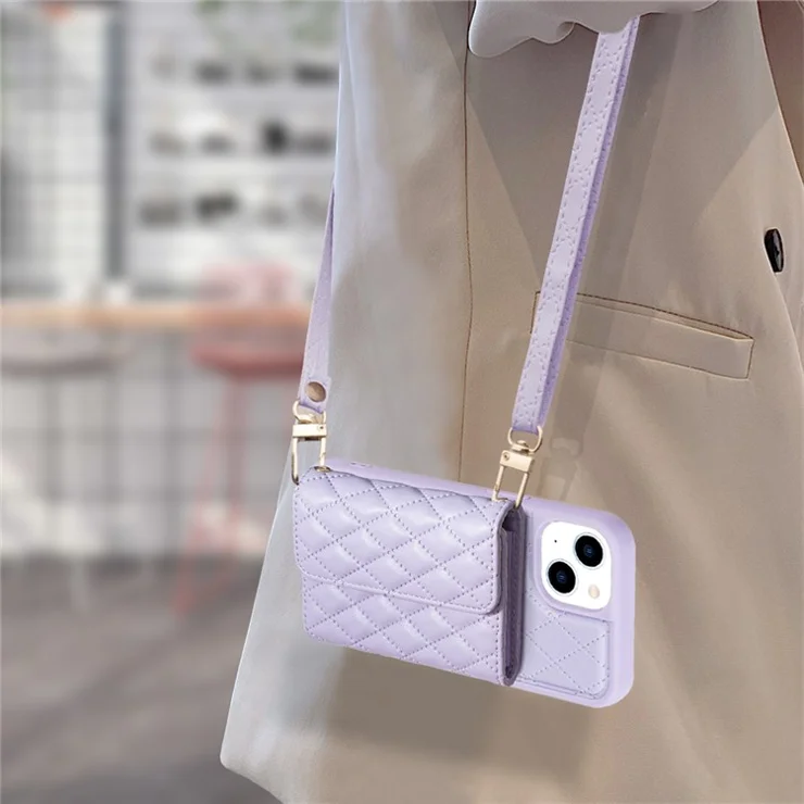 For iPhone 15 Plus Horizontal Card Slots Phone Case Anti-drop PU Leather Coated TPU Kickstand Cover - Purple