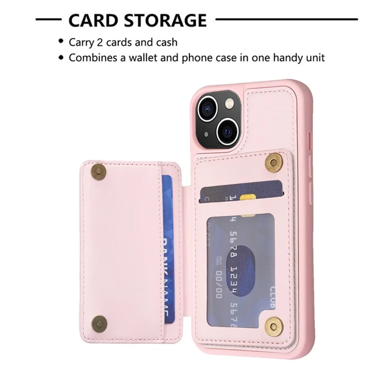 BF26 For iPhone 15 Plus Anti-scratch Cell Phone Cover Kickstand Card Slot Phone Shell TPU+PU Leather Case - Pink