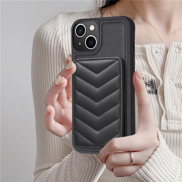 BF26 TPU+PU Leather Case for iPhone 15 , Cell Phone Cover Kickstand Card Slot Phone Shell - Black