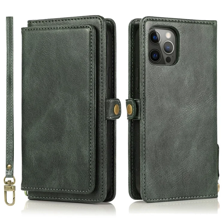 Wallet Phone Case for iPhone 14 Pro Detachable 2-in-1 TPU+PU Leather Shockproof Cover Anti-Drop Phone Case - Green