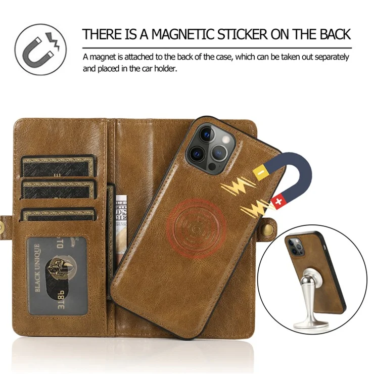 TPU+PU Leather Case for iPhone 14 Pro Max Anti-Drop Detachable 2-in-1 Phone Case Shockproof Wallet Phone Cover - Brown