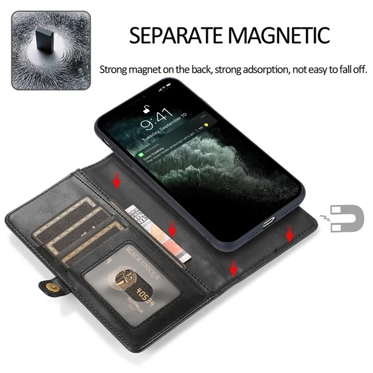 Anti-Drop Phone Case for iPhone 13 6.1 inch Detachable 2-in-1 TPU+PU Leather Wallet Cover with Strap - Black