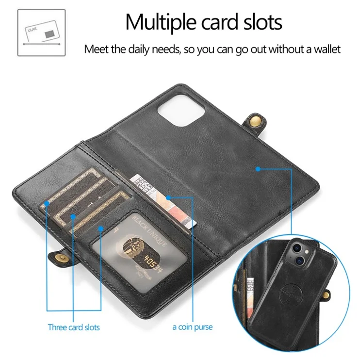 Anti-Drop Phone Case for iPhone 13 6.1 inch Detachable 2-in-1 TPU+PU Leather Wallet Cover with Strap - Black