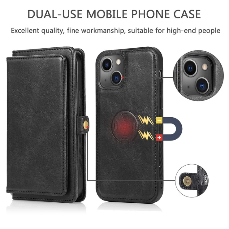 Anti-Drop Phone Case for iPhone 13 6.1 inch Detachable 2-in-1 TPU+PU Leather Wallet Cover with Strap - Black