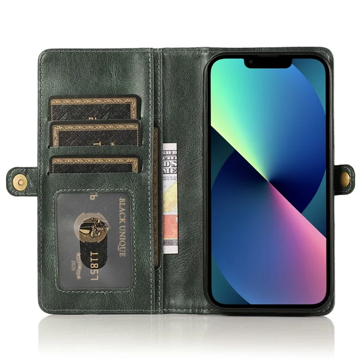 Wallet Phone Case for iPhone 13 mini 5.4 inch Detachable 2-in-1 TPU+PU Leather Flip Cover with Strap - Green