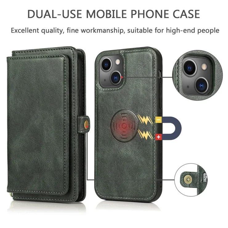 Wallet Phone Case for iPhone 13 mini 5.4 inch Detachable 2-in-1 TPU+PU Leather Flip Cover with Strap - Green