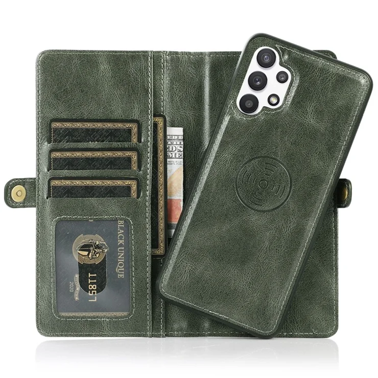 For Samsung Galaxy A13 5G / A13 4G Anti-Scratch Wallet Phone Cover Detachable 2-in-1 TPU+PU Leather Case with Strap - Green
