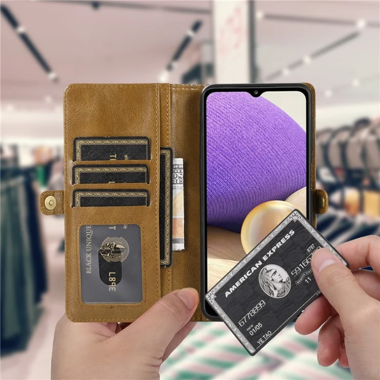 For Samsung Galaxy A13 5G / A13 4G Anti-Scratch Wallet Phone Cover Detachable 2-in-1 TPU+PU Leather Case with Strap - Brown