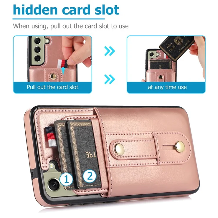 Card Holder Case for Samsung Galaxy S21 FE 5G , Anti-scratch Retro PU Leather Coated TPU Phone Cover with Kickstand - Rose Gold