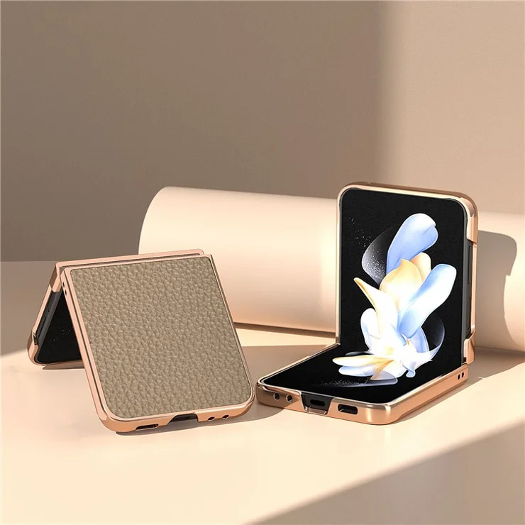 For Samsung Galaxy Z Flip5 5G Litchi Texture Back Cover Genuine Cow Leather Coated PC Electroplating Phone Case - Khaki