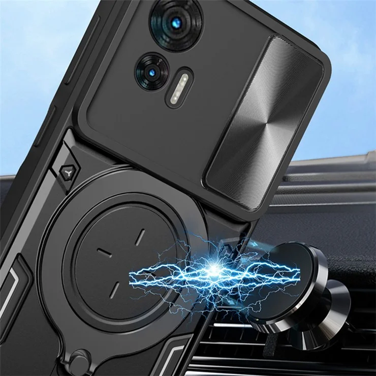 For Motorola Edge 30 Neo 5G Rotate Kickstand Cover Slide Lens Guard PC+TPU Shockproof Phone Case - Red