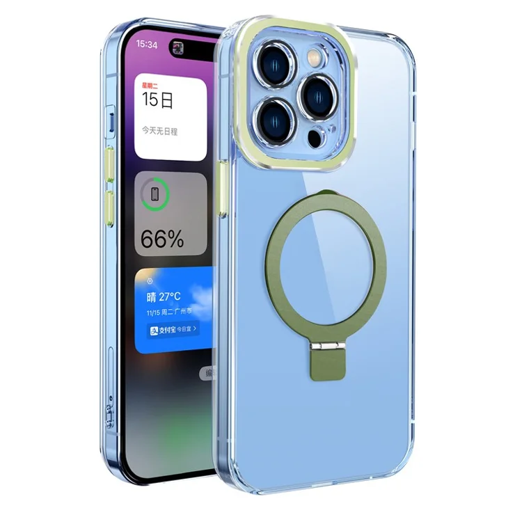 Bulk Purchasing for iPhone 15 Pro Clear PC+TPU Shell Kickstand Phone Cover Magnetic Phone Case Compatible with MagSafe - Green