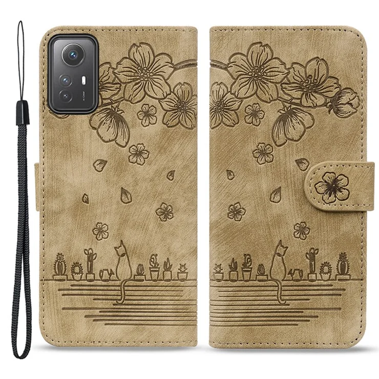 For Xiaomi Redmi Note 12S 4G Cute Imprinting PU Leather Phone Case Shockproof Stand Wallet Cover with Strap - Brown