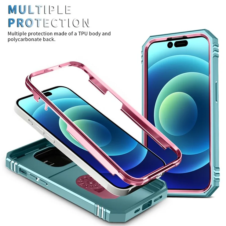 For iPhone 15 Pro Max Kickstand Case Card Holder PC+TPU Phone Cover with Sliding Camera Protection - Pink+Grey Green