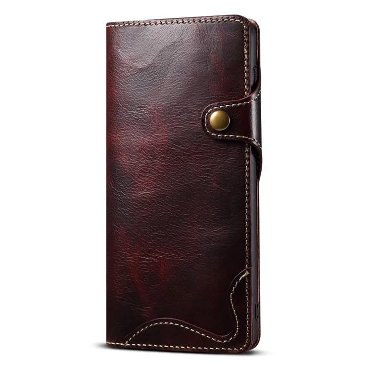 For Samsung Galaxy S23 FE Buckled Retro Oil Wax Genuine Cow Leather+TPU Wallet Case Phone Cover - Wine Red