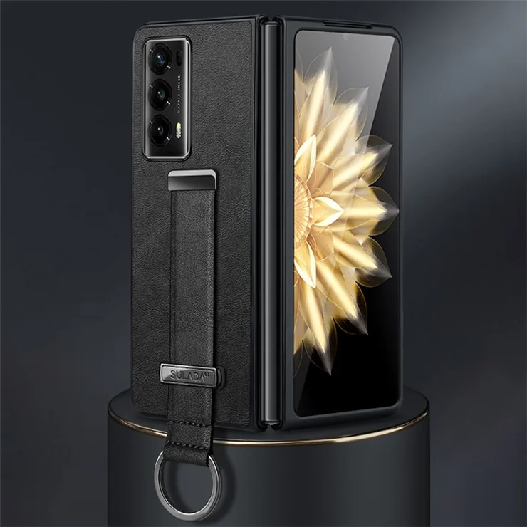 SULADA Fashion Series for Honor Magic V2 5G PU Leather+PC Phone Case Adjustable Wristband Kickstand Cover - Black