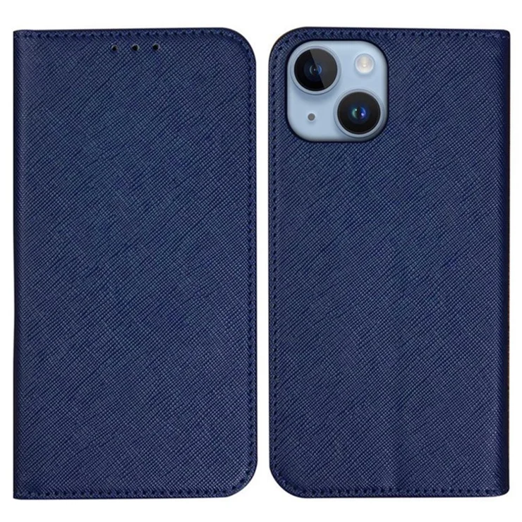 For iPhone 15 Wallet Phone Case PU Leather Cross Texture Stand Magnetic Cover - Dark Blue