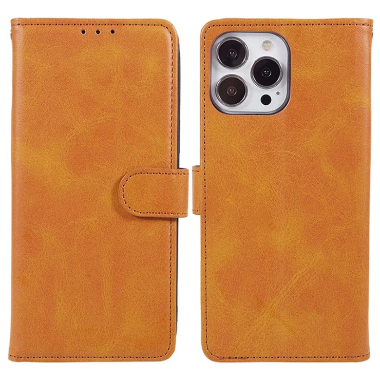 PU Leather Wallet Case for iPhone 15 Pro Max , Calf Texture Anti-drop Stand Phone Cover - Khaki