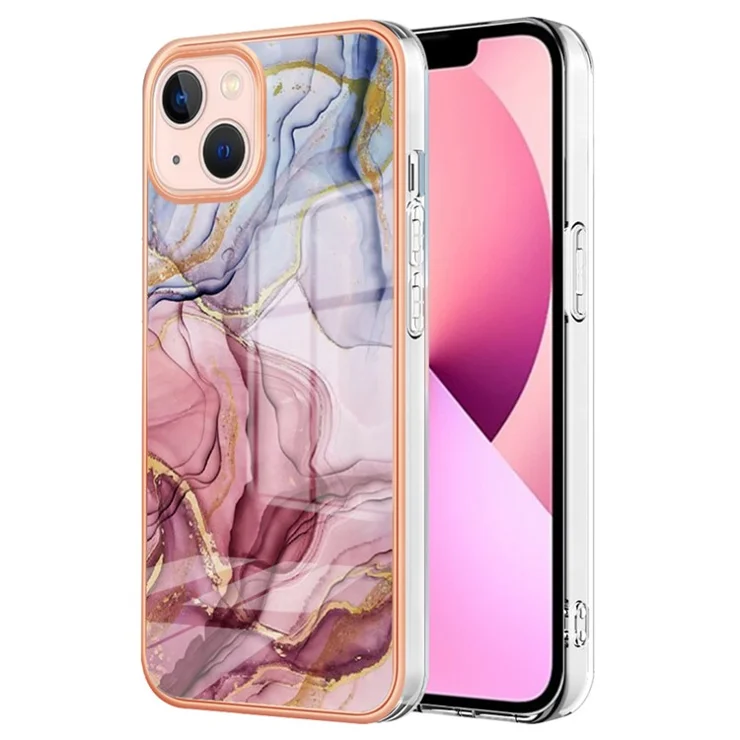 YB IMD Series-16 Style E 2.0mm TPU Case for iPhone 15 Plus , Electroplating Frame IMD Marble Pattern Phone Cover - Rose Gold