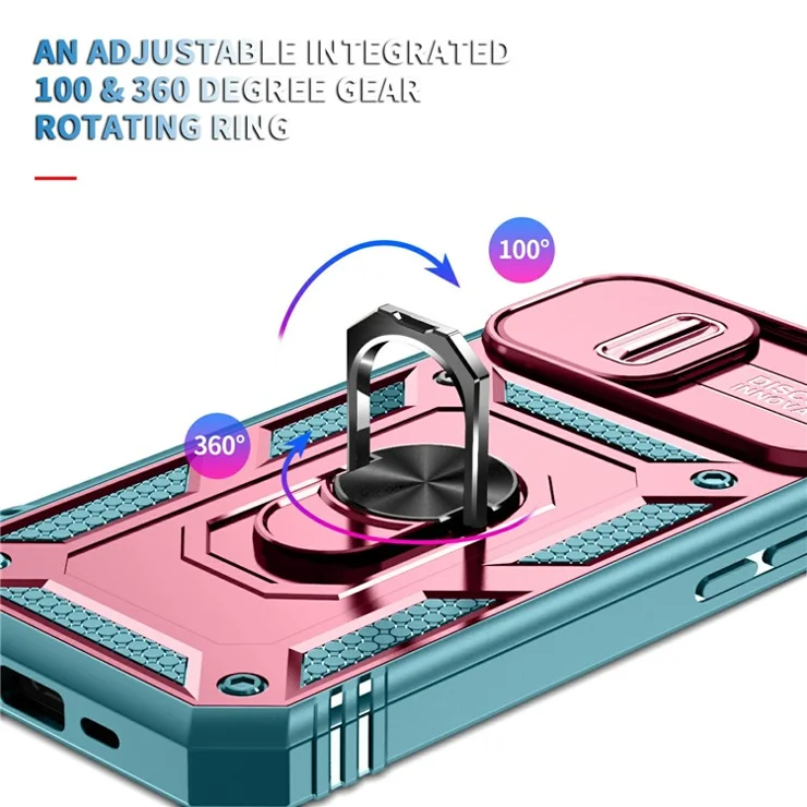 For iPhone 15 Kickstand Phone Case PC+TPU Sliding Camera Protection Cover with Card Slot - Pink+Green