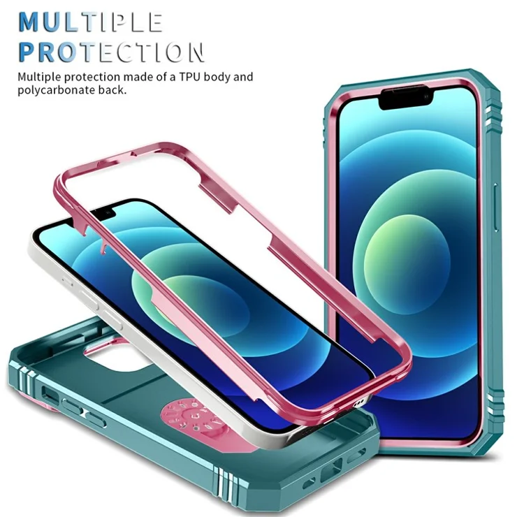 For iPhone 15 Kickstand Phone Case PC+TPU Sliding Camera Protection Cover with Card Slot - Pink+Green