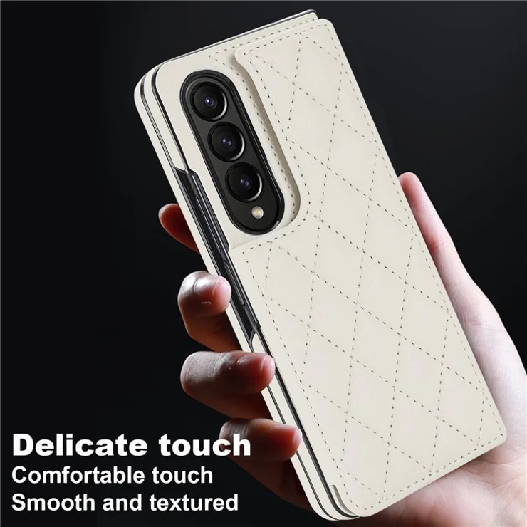 ZD020 Kickstand Phone Case for Samsung Galaxy Z Fold4 5G , Stitching Rhombus PU Leather+PC Card Slots Cover - White