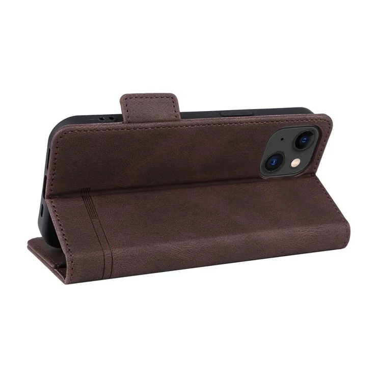 For iPhone 15 Plus Anti-Scratch Cover Hardware Decor Phone Case PU Leather Wallet Stand Shell - Coffee