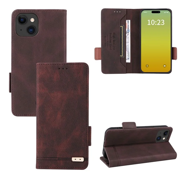 For iPhone 15 Plus Anti-Scratch Cover Hardware Decor Phone Case PU Leather Wallet Stand Shell - Coffee