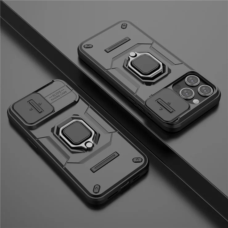 For iPhone 15 Pro Kickstand Phone Case with Slide Lens Cover PC+TPU Shockproof Rugged Shell - Black