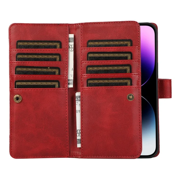 For iPhone 15 Plus Split Leather Folio Case Stand Multiple Card Slots Wallet Phone Cover with Strap - Red