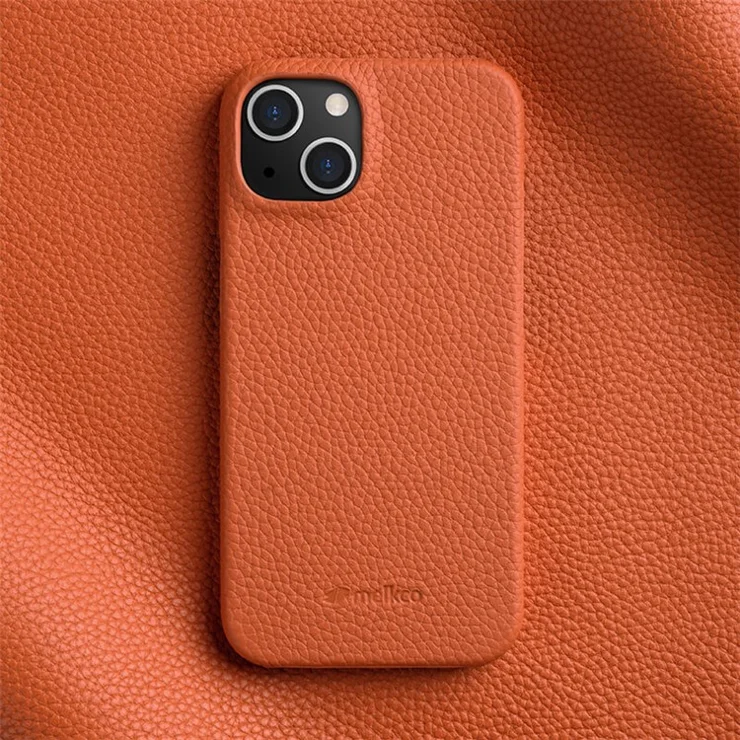 MELKCO For iPhone 15 Plus Microfiber Lining Cover Genuine Cow Leather Coated PC Incomplete Phone Case - Orange