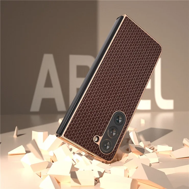 For Samsung Galaxy Z Fold5 5G Electroplating Back Cover Genuine Cow Leather + PC Luxury Texture Phone Case - Coffee