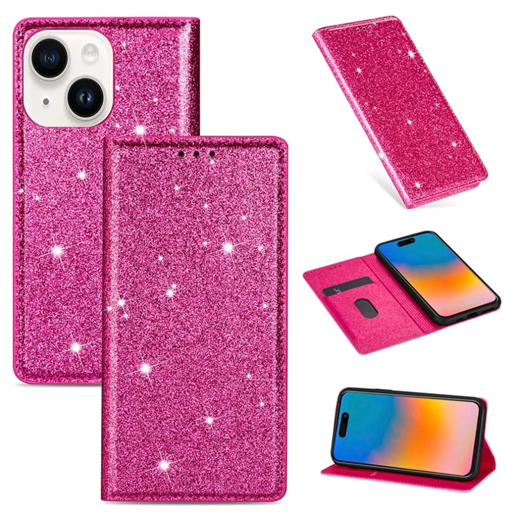 For iPhone 15 Plus Card Holder Phone Leather Case Full Protection Stand Glitter Phone Cover - Rose