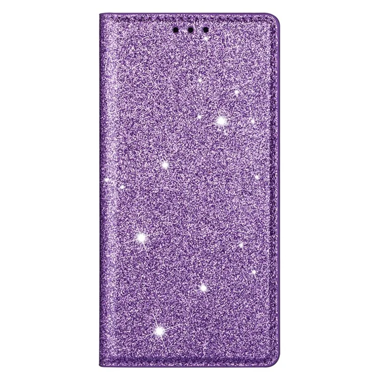 For iPhone 15 Plus Card Holder Phone Leather Case Full Protection Stand Glitter Phone Cover - Purple