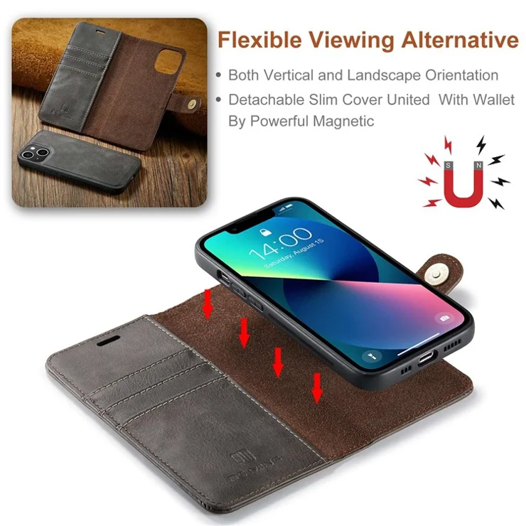 DG.MING for iPhone 15 Plus Detachable Magnetic Phone Case Anti-Dorp Split Leather Wallet Stand Case - Grey