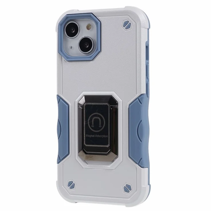 For iPhone 15 Plus Car Mount Kickstand Phone Case Hard PC Soft TPU Protective Cover - White