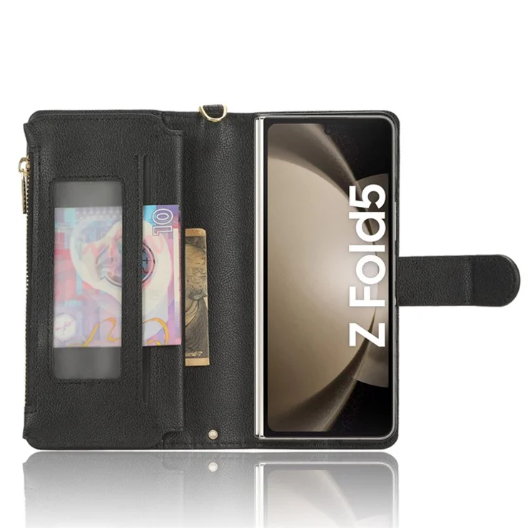Zipper Pocket Phone Cover for Samsung Galaxy Z Fold5 5G , Wallet PU Leather Viewing Stand Case - Black