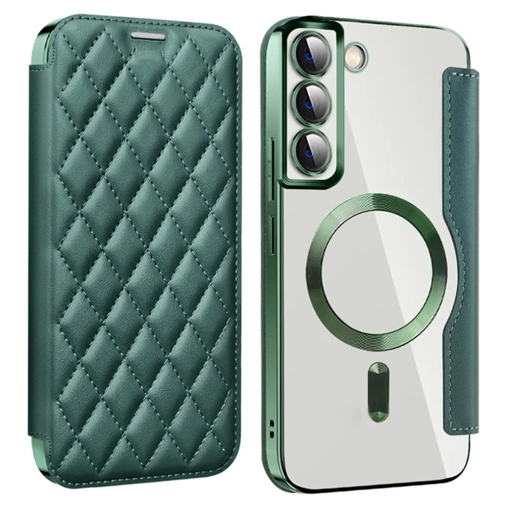 For Samsung Galaxy S23 Compatible with MagSafe Rhombus Leather Case RFID Blocking Card Holder Cover with Lens Film - Blackish Green