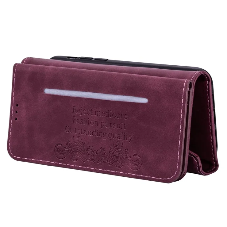 N.BEKUS For iPhone 15 Pro Wallet Phone Leather Case Zipper Pocket Stand Phone Cover with Short + Long Strap - Wine Red
