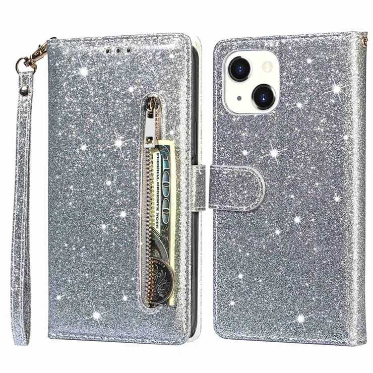 For iPhone 15 Glittery Zipper Pocket Leather Case Wallet Stand Anti-drop Phone Cover - Silver