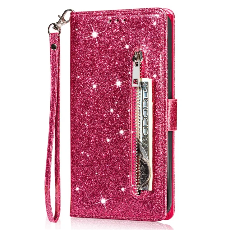For iPhone 15 Pro Max Phone Leather Case Wallet Stand Glittery Phone Cover with Zipper Pocket - Rose