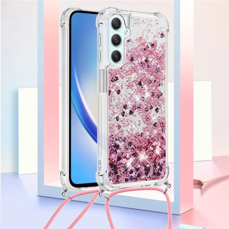 For Samsung Galaxy A24 4G (162.1 x 77.6 x 8.3mm) TPU Case Quicksand Design Phone Cover with Lanyard - Rose Gold / Hearts