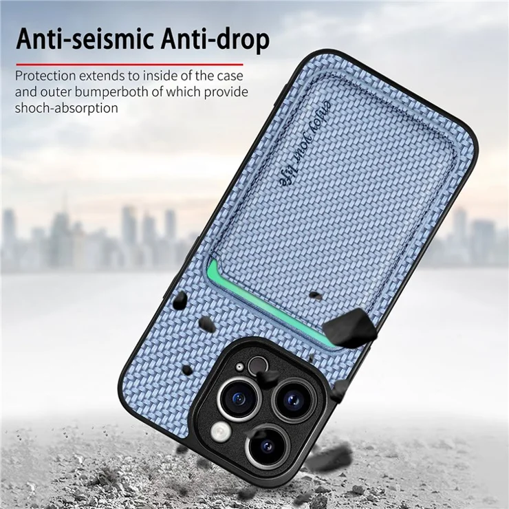 Detachable Magnetic Card Holder Phone Case for iPhone 15 Pro , Carbon Fiber PU Leather Coated PC+TPU Cover - Blue