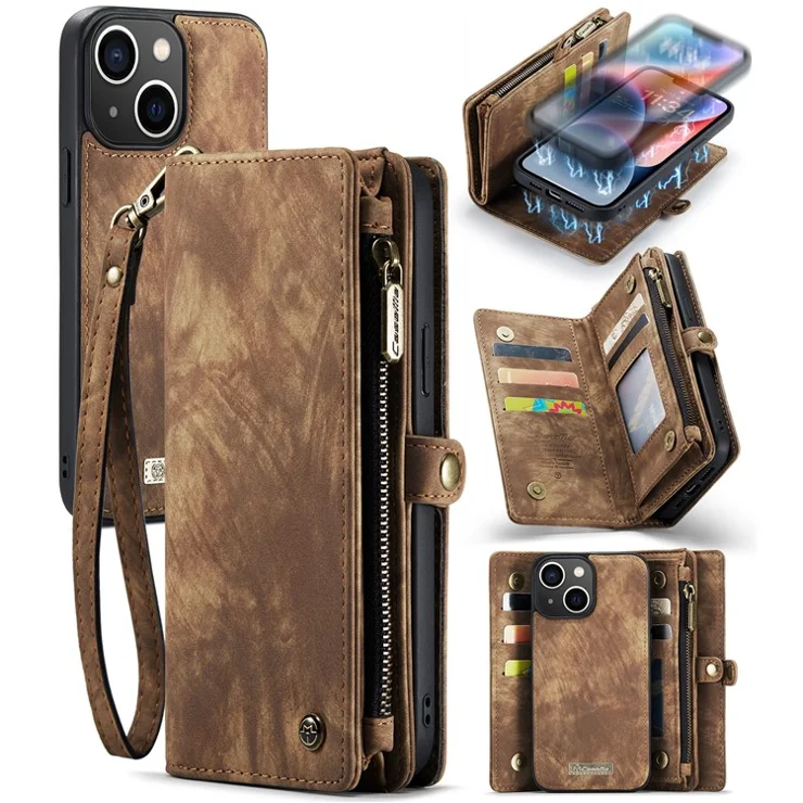 For iPhone 15 Phone Cases CASEME Leather Cover with Detachable Wallet and Strap - Brown