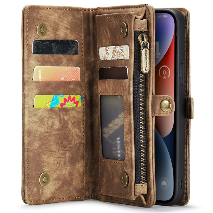 For iPhone 15 Plus Phone Cases CASEME Leather Cover with Detachable Wallet and Strap - Brown