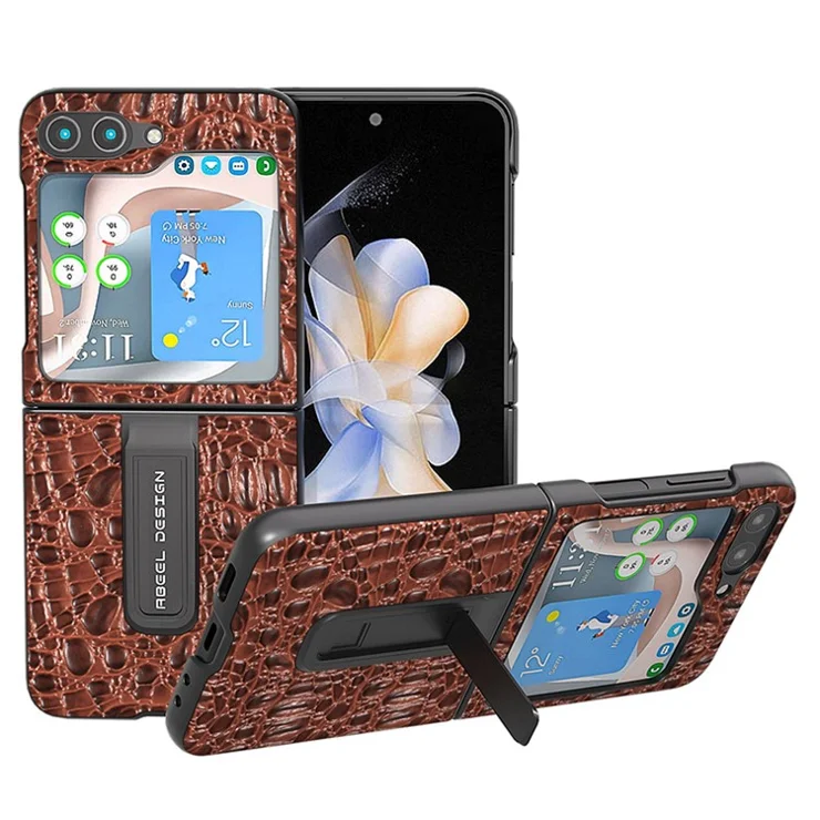 ABEEL For Samsung Galaxy Z Flip5 5G Kickstand Back Cover Genuine Cow Leather+PC Canopy Texture Phone Case - Brown
